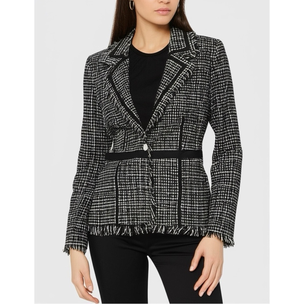 BISOU BISOU Michelle Bohbot Tweed Fringe Black Blazer Jacket Women’s Sz 6 Small